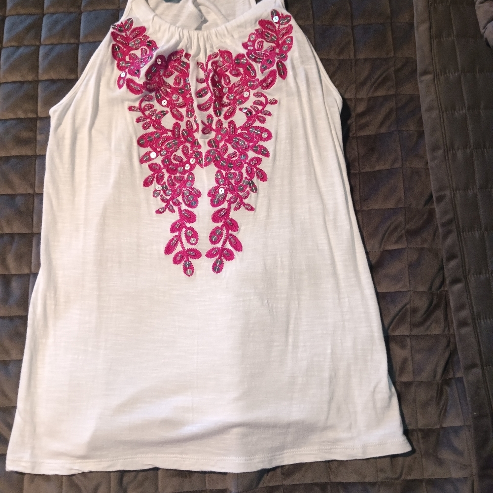INC International Concepts White Pink Embellished Sleeveless Tank Top